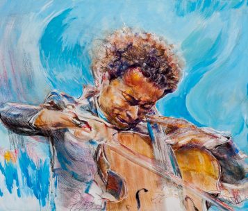 Dalton Brown mixed media painting of cellist