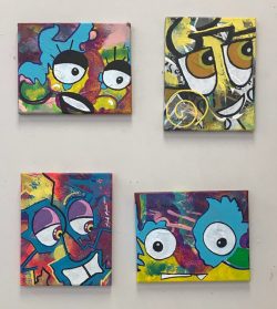 Fun Faces, acrylic, 10" x 8" (from lft to rt., top to bottom, titles, Yaas, Hey Patrick, Super Star, Huh)