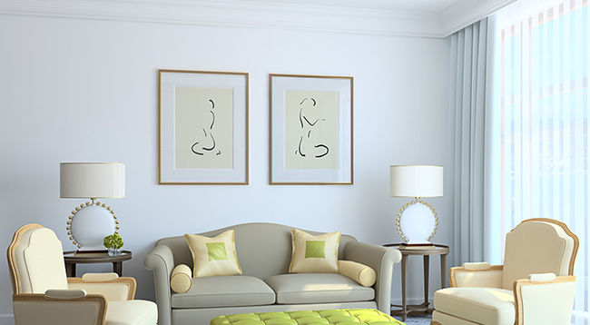 Modern living-room interior. Furniture and custom framed artwork beautifully arranged.