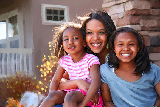 Picture of woman with beautiful kids that was edited to look more like a painting.