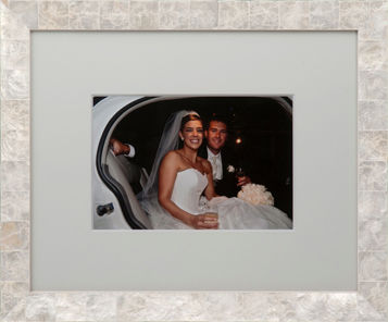 Wedding, Framing, Decor Wedding couple in car beautifully custom framed in oyster shell frame.