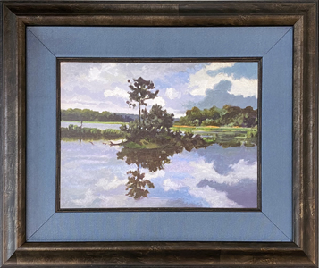 blue fabric liner on framed landscape
