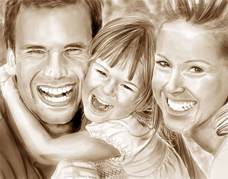 Image of smiling family that was converted from a photograph into a sepia toned art image.