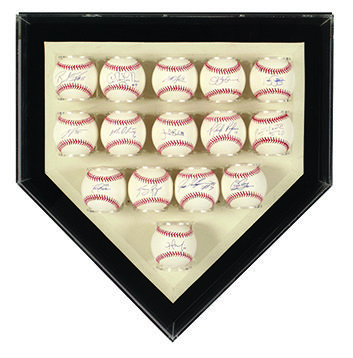 Acrylic display case in the shape of a baseball home plate. The case contains 15 signed baseballs.