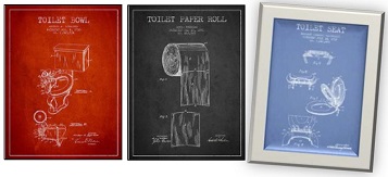 Three art pieces showing schematic of toilet bowl, toilet seat and toilet paper holder